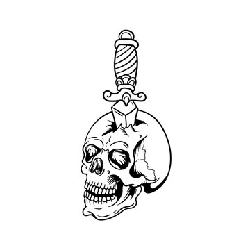 Hand drawn illustration of a skull head stuck with a dagger outline