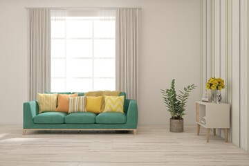 White living room with sofa. Scandinavian interior design. 3D illustration
