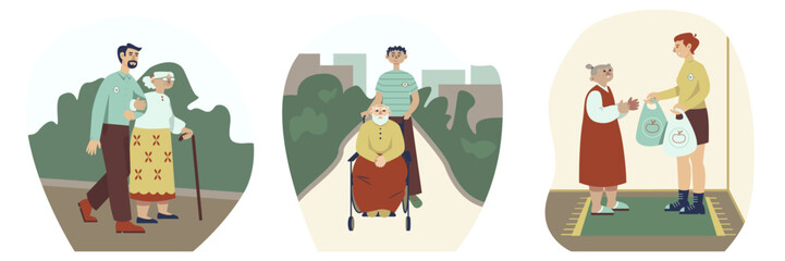 Caregivers support old people. Help and care for elderly. Humanitarian assistance for aged person. Social voluntary. Color set 2d vector graphic, flat art collection, cartoon illustration