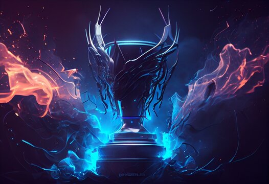 Cyberpunk trophy with smoke on a dark blue futuristic background for an illustration of an e sport champion concept,. Generative AI