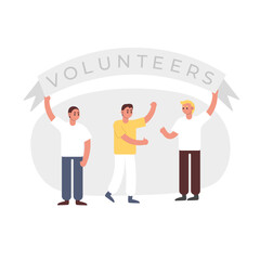 Set of different young cartoon characters volunteering. Young men holding signboard. Humanitarian aid organization members. Social active youth. Vector