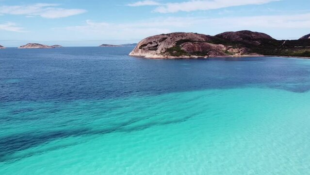 Aerial drone view of Lucky bay Western Australia - bright white sands and turquoise-colored waters