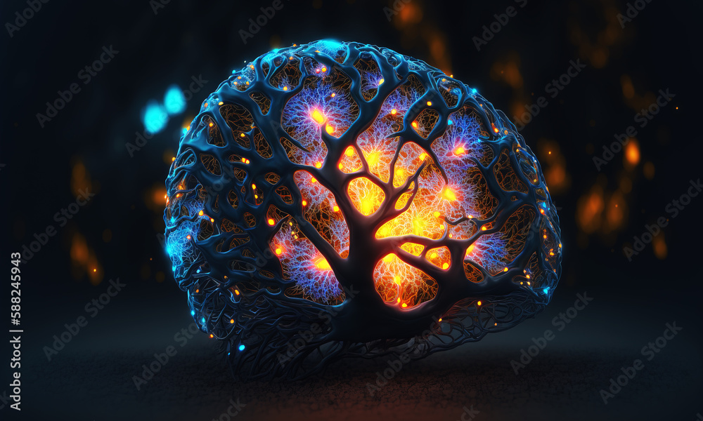 Leinwandbilder Glowing brain background with neural links network. Illustration representing artificial intelligence neuronal activity. Generative AI