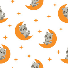 Cute little raccoon sleeping on moon seamless childish pattern. Funny cartoon animal character for fabric, wrapping, textile, wallpaper, apparel. Vector illustration