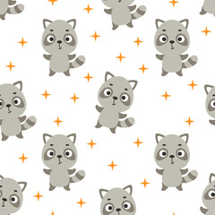 Cute little raccoon seamless childish pattern. Funny cartoon animal character for fabric, wrapping, textile, wallpaper, apparel. Vector illustration © Jexy