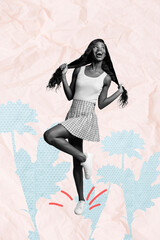 Photo collage of youngster carefree girl dancing have fun touching hair tails pin up pop artwork design isolated over painted pink blue background