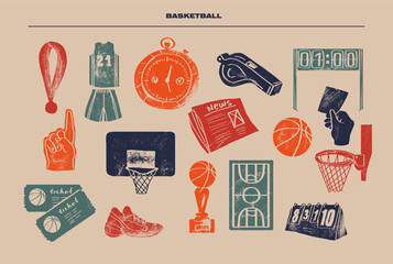 Sports background with basketball ink, engraving style