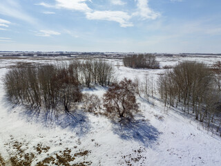 The landscape of Kazakh steppe includes small pockets of forest.  Early in the spring. An aerial top view.