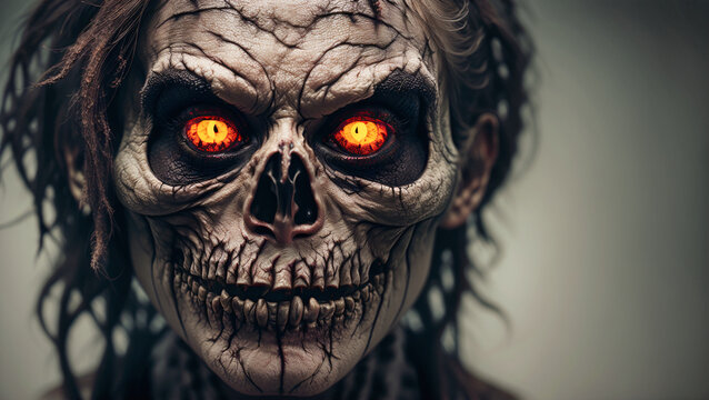 closeup of dead skeleton zombie daemon with orange glowing eyes and white make-up and few hairs looking at viewer at dark gray background, generative AI