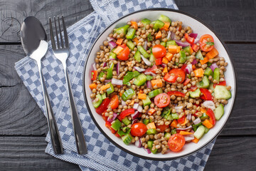 Vegetable salad with boiled lentils seasoned with olive oil close-up in a plate on a wooden table....