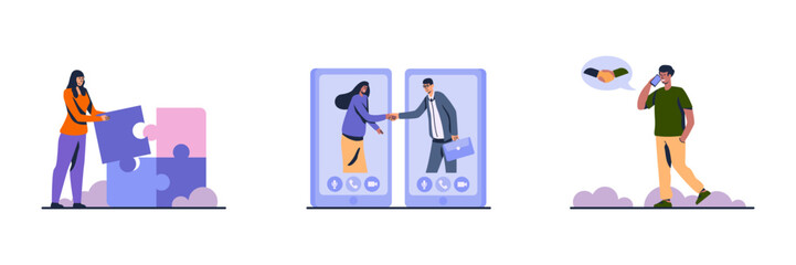 Fototapeta premium Set of colored cartoon characters of people at work. Online communication with colleagues. Cooperation and partnership between coworkers. Support and successful teamwork in business. Vector