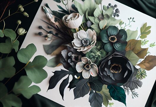 Watercolor wedding floral bouquet composition with black and white hellebore and eucalyptus. Generative AI