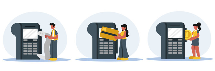 Set of young people paying for different services cashless. Making payments for online shopping. Secure mobile banking. Wireless money transfer. Digital marketing environment. Vector