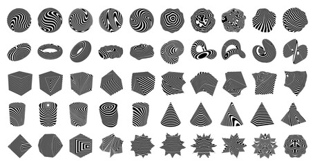 Fototapeta na wymiar Set of 3d optical illusions on shapes. Collection of 50 from twisted stripes elements. Illusion effect for use in your graphic design. Black and white 3d art. Vector illustration.