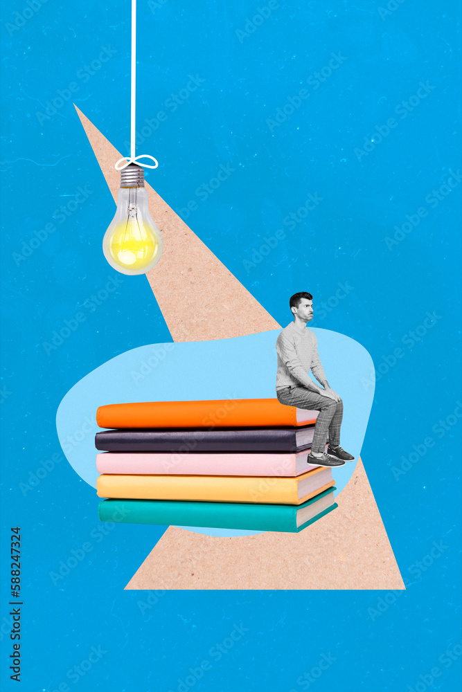 Poster 3d retro abstract creative artwork template collage of bored smart guy sitting big book stack isolat