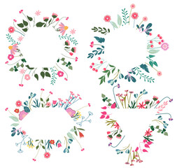 Exquisite floral frames with flowers, leaves, and heart. Botanical vector art for invitations, posters, and greeting cards. . Vector illustration