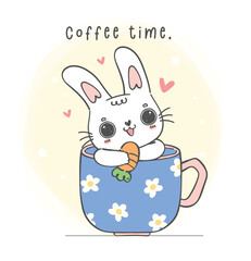 cute rabbit in a cup cartoon illustration. Perfect for greeting cards, nursery art, and more. Delight in the whimsical charm of this cute, cuddly character.