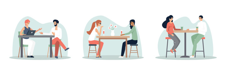 Set of cartoon characters sitting at table and talking. Young people having conversation in modern restaurants. Friends meeting in cafe and spending time together. Vector