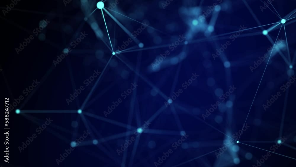 Poster Futuristic geometric flow with connecting points and lines. Abstract blue digital background. Global network concept. Big data complex with compounds. 3D rendering.
