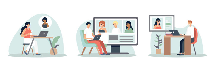 Set of cartoon characters communicating online using gadgets. Video calls in business. Remote job and freelancers. Collective virtual meeting with coworkers. Teamwork during quarantine. Vector
