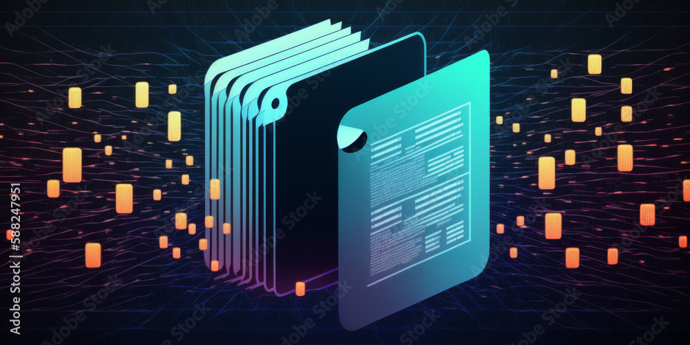 Poster illustration of a document management system (dms) with file storage using binary data. technology t