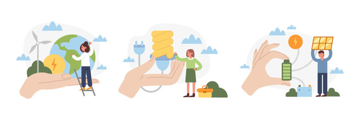 Set of cartoon characters with elements for sustainable green energy. Environment conservation resource. Eco friendly urban infrastructure. Windmills and solar energy panels. Vector