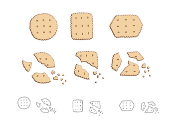 Set of cute cookie biscuits. cheese crackers whole and broken clip art  vector illustrations bundle isolated on white background
