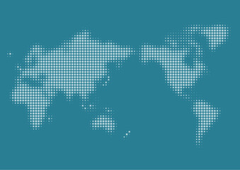 世界地図（日本中心）のイラスト: グラデーションドットパターン（青背景）