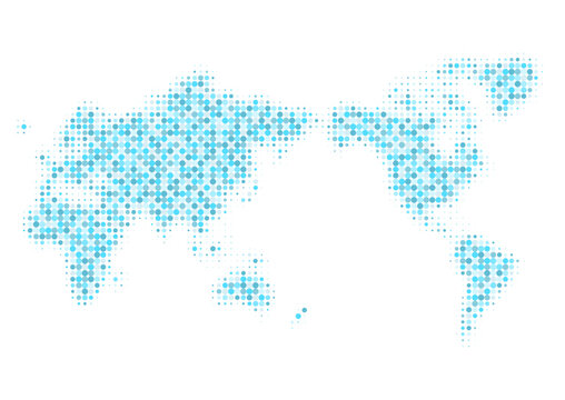 世界地図（日本中心）のイラスト: ドットパターン（青）