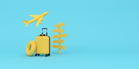 Air Travel Concept.Yellow Suitcase, Signpost, float and Airplane on blue background. Travel Destination.