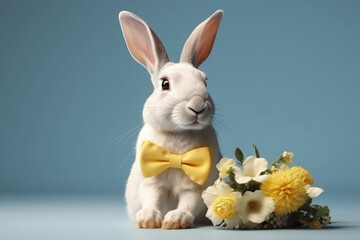 Fototapeta na wymiar White rabbit in a yellow bow tie sits next to a bouquet of flowers. Full-size shot of a hare on an isolated blue background. Holiday, wedding, birthday. Generative AI.