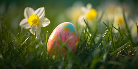 Fototapeta premium Easter Eggs In The Meadow. Wallpaper. Generated AI