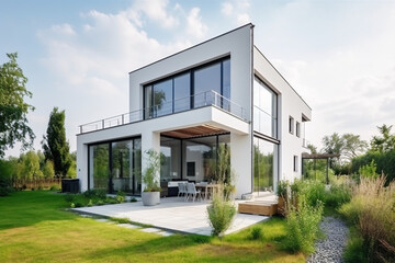 Modern House with Large Windows in a Rural Setting, Generative AI - obrazy, fototapety, plakaty