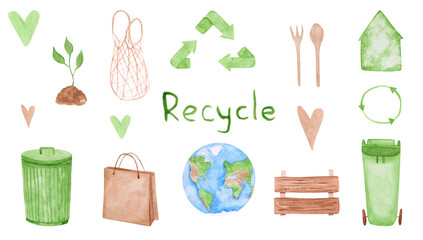 Set of 16 recycle objects isolated on a white. Watercolor garbage bin, paper bag, wooden box, plant sprout, planet, greenhouse, heart, fork, and sign "Recycle". Earth Day illustrations. Eco clipart.