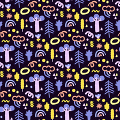 Seamless vector pattern with cute hand drawn trees, pine trees on dark blue background. Perfect for wallpaper, textile or print design.