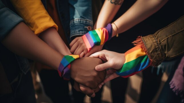 Diverse group of people holding hands, with the LGBTQ+ rainbow flag. Generative AI