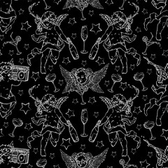 Vector seamless pattern: funny cute angels and seraphims making night party with cocktails. White on black design for textile, fabric, wallpaper, wrapping paper, card, invitation.