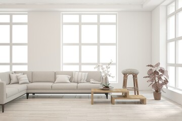 White modern interior design with sofa. Scandinavian interior design. 3D illustration