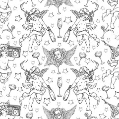 Vector seamless pattern: cheerful cupids and angels with glasses of wine, coctail and music recorders. Linear black sketches on white. Design for textile, fabric, wallpaper, wrapping paper. 
