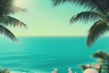 Fototapeta na wymiar Tropical beach with palm trees and sea in vintage style. AI generated