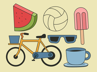 Set Collection Random Picnic Flat Design. Watermelon, Volleyball, Ice Cream, Bicycle, Glasses, Cup Of Coffee,
