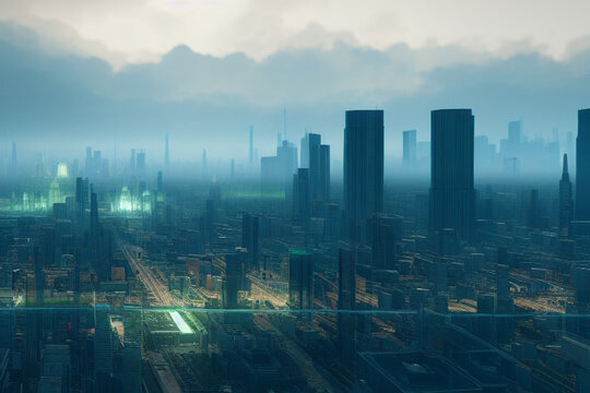 3D rendering of a futuristic city with skyscrapers in the fog. AI generated © MrBaks