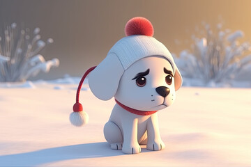 cute cartoon puppy on the white background with christmas santa hat on snow winter, generative AI