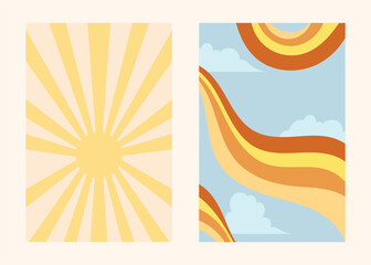 Obraz premium Groovy retro backgrounds pack with blue sky and sun, clouds and rainbow, 70s nostalgia and positive optimistic vibes, cute texture in retro style, vector illustrations