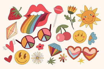 Groovy retro isolated clip art bundle with flower, sun, strawberry, lips and rainbow colored tongue, 70s nostalgia hippie old fashioned aesthetic, positive optimistic vibes, vector kit