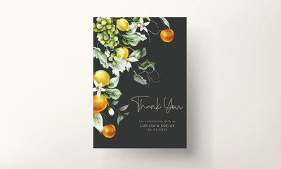 beautiful wedding invitation card set with botanical fruit watercolor and flower