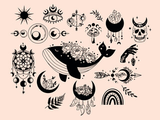 Mystical celestial clipart bundle, Cosmic starry whale with flowers moon, Mysticism and esoteric black and white objects, mushroom, skull and rainbow spiritual isolated vector elements