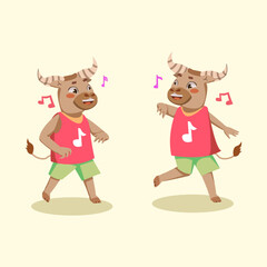 Two buffaloes are dancing and one is wearing a red shirt