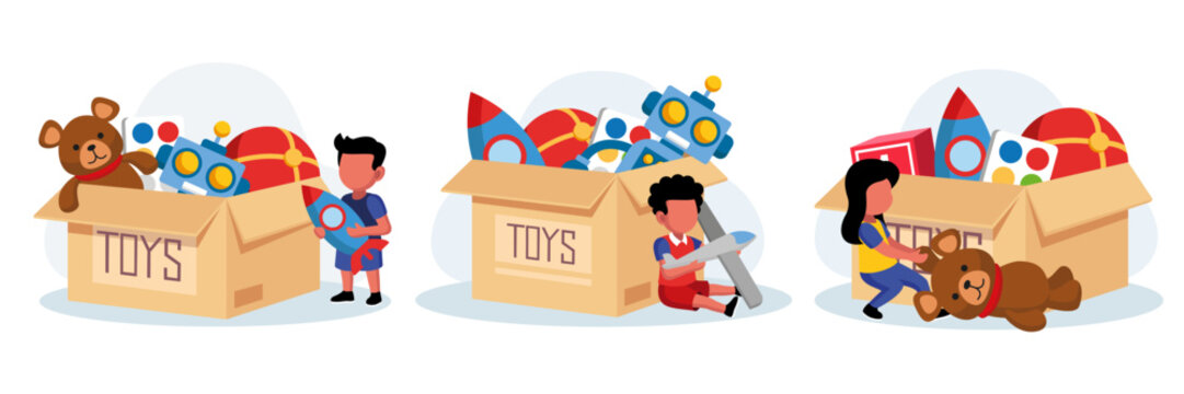 Set of colored charitable toys as donation for kids. Help from humanitarian aid organization. Boxes full of toys for charity. Volunteer social assistance. Vector