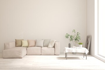 Fototapeta na wymiar White modern interior design with sofa. Scandinavian interior design. 3D illustration